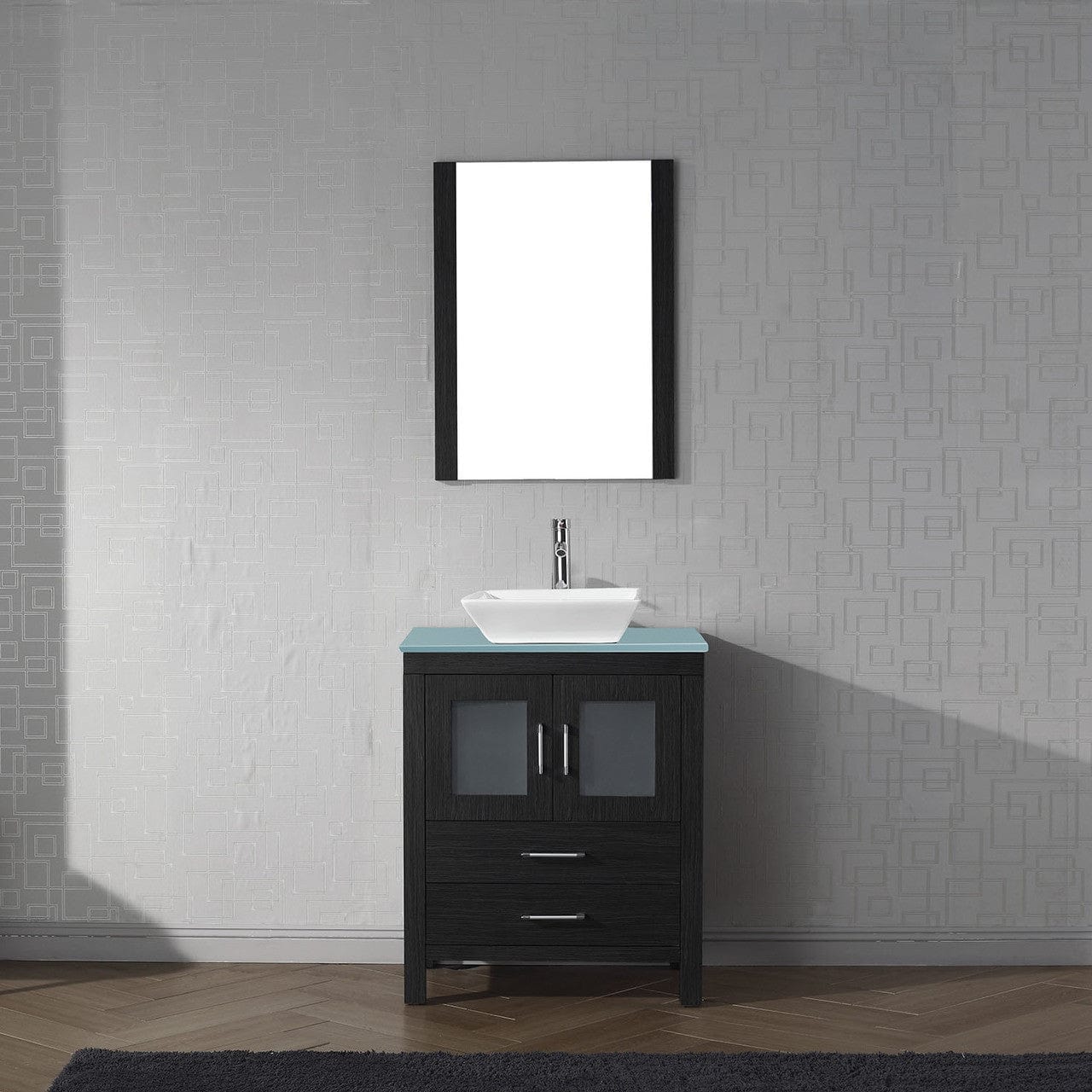 Virtu USA Dior 28 Single Bathroom Vanity in Zebra Grey w/ Aqua Tempered Glass Top & Square Sink w/ Polished Chrome Faucet & Mirror