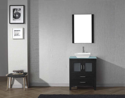 Virtu USA Dior 28 Single Bathroom Vanity in Zebra Grey w/ Aqua Tempered Glass Top & Square Sink w/ Polished Chrome Faucet & Mirror