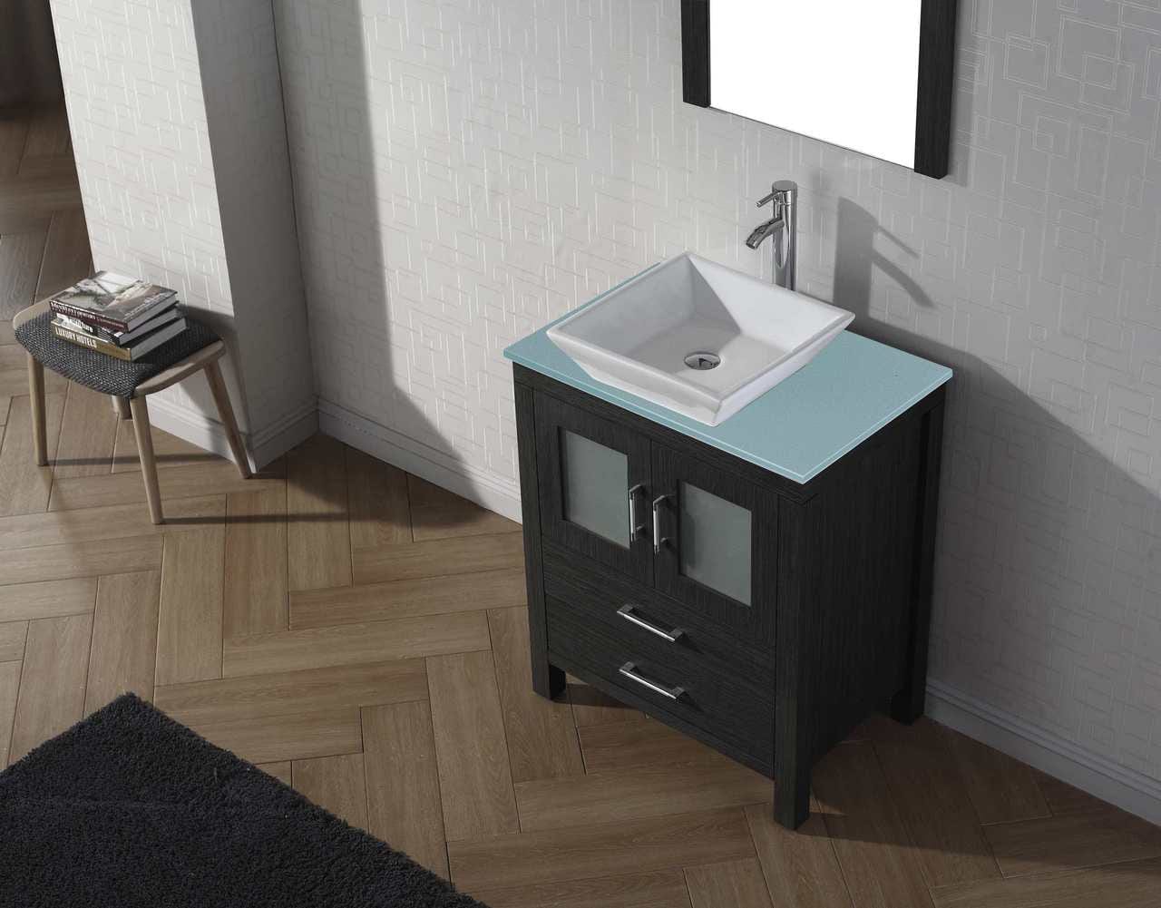 Virtu USA Dior 28 Single Bathroom Vanity in Zebra Grey w/ Aqua Tempered Glass Top & Square Sink w/ Polished Chrome Faucet & Mirror