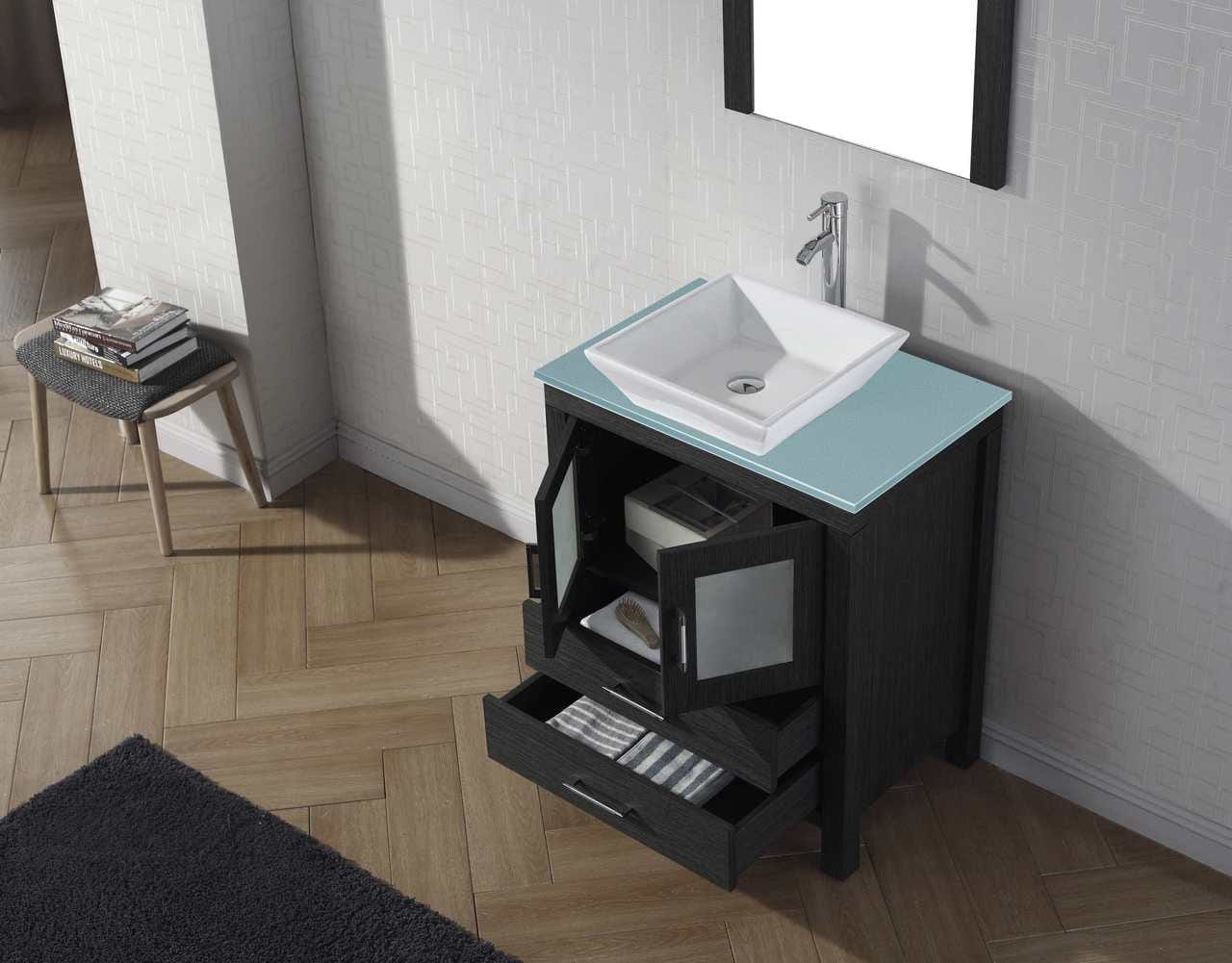 Virtu USA Dior 28 Single Bathroom Vanity in Zebra Grey w/ Aqua Tempered Glass Top & Square Sink w/ Polished Chrome Faucet & Mirror