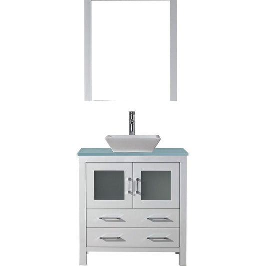 Virtu USA Dior 36" Single Bathroom Vanity in White w/ Aqua Tempered Glass Top & Square Sink w/ Polished Chrome Faucet & Mirror