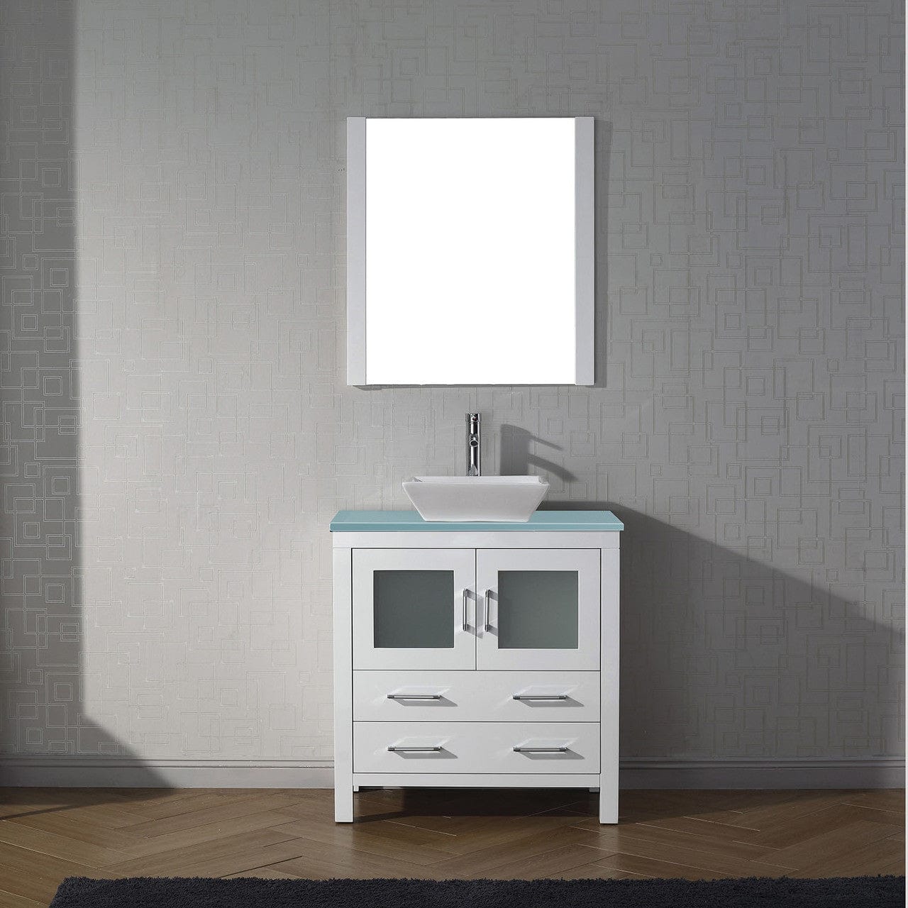 Virtu USA Dior 36 Single Bathroom Vanity in White w/ Aqua Tempered Glass Top & Square Sink w/ Polished Chrome Faucet & Mirror