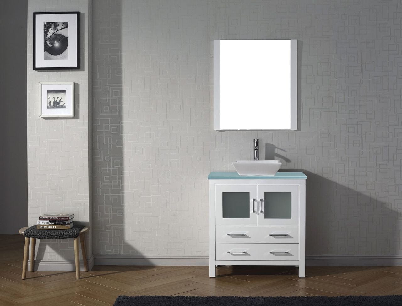 Virtu USA Dior 36 Single Bathroom Vanity in White w/ Aqua Tempered Glass Top & Square Sink w/ Polished Chrome Faucet & Mirror