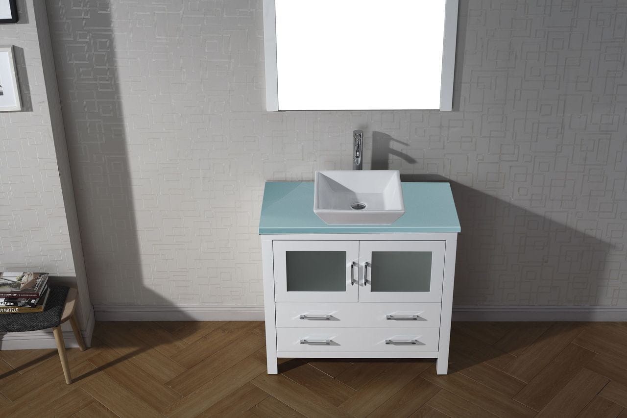 Virtu USA Dior 36 Single Bathroom Vanity in White w/ Aqua Tempered Glass Top & Square Sink w/ Polished Chrome Faucet & Mirror