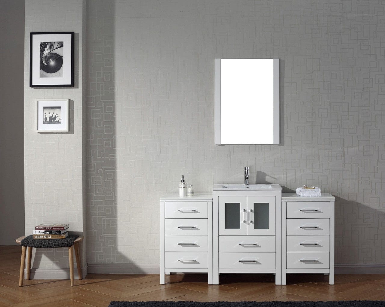 Virtu USA Dior 60" Single Bathroom Vanity Cabinet Set in White w/ Ceramic Counter-Top