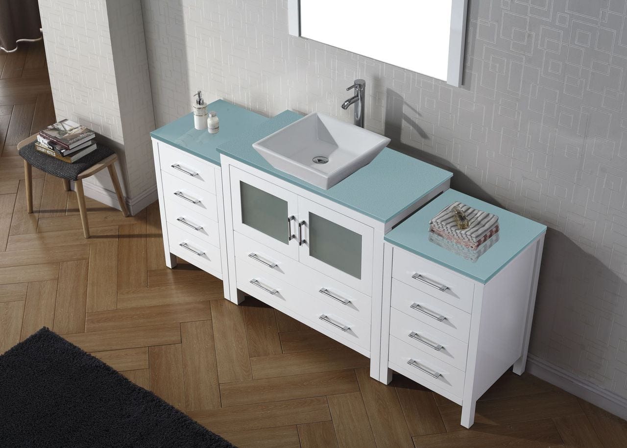 Virtu USA Dior 72 Single Bathroom Vanity Set in White w/ Tempered Glass Counter-Top | Vessel Sink