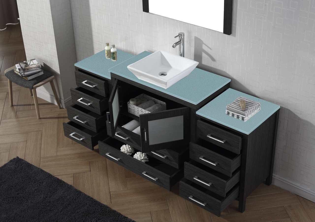 Virtu USA Dior 72 Single Bathroom Vanity Set in Zebra Grey w/ Tempered Glass Counter-Top | Vessel Sink