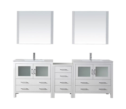 Virtu USA Dior 90" Double Bathroom Vanity Cabinet Set in White w/ Ceramic Counter-Top