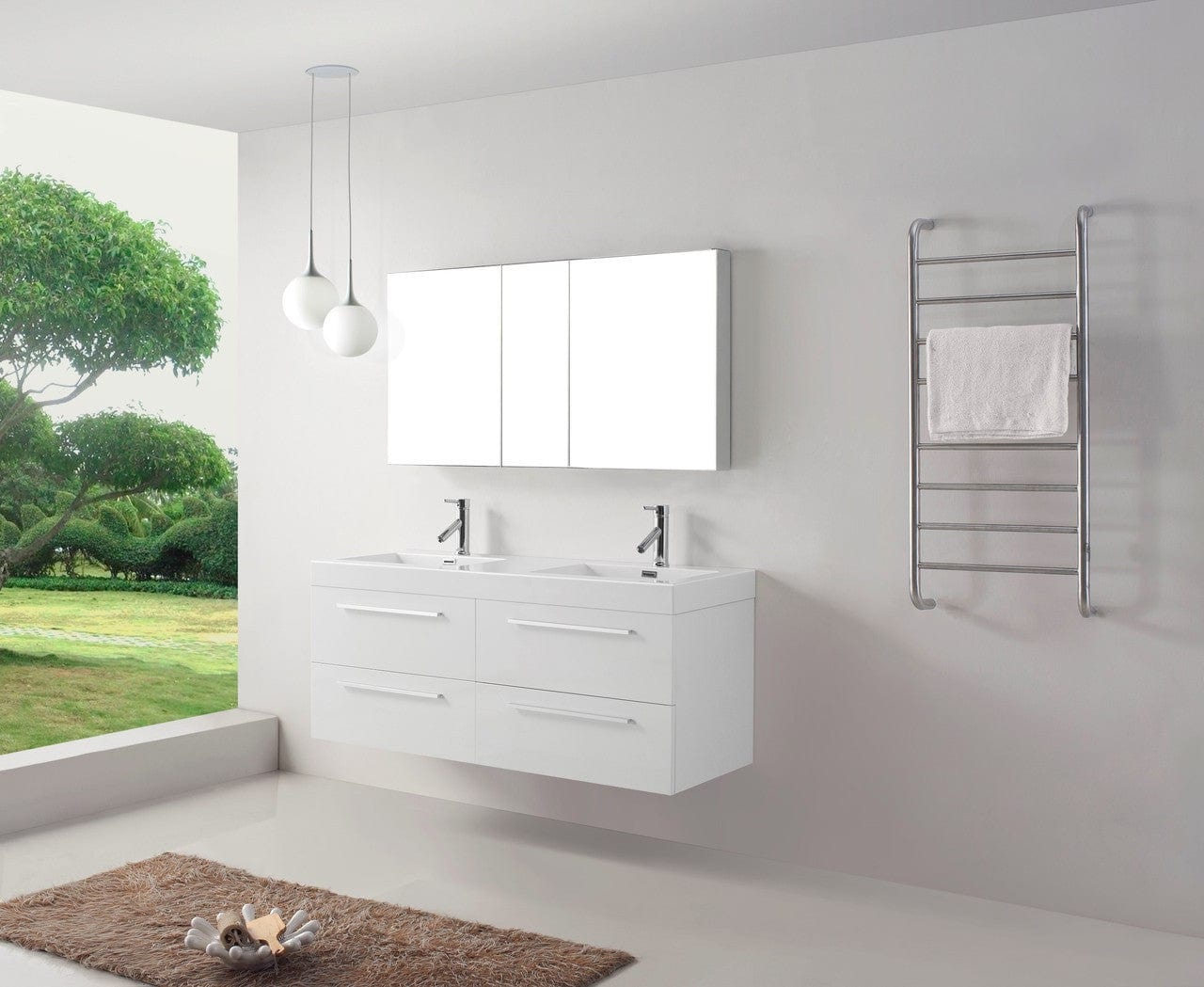 Virtu USA Finley 54 Double Bathroom Vanity Set in Gloss White w/ Polymarble Counter-Top