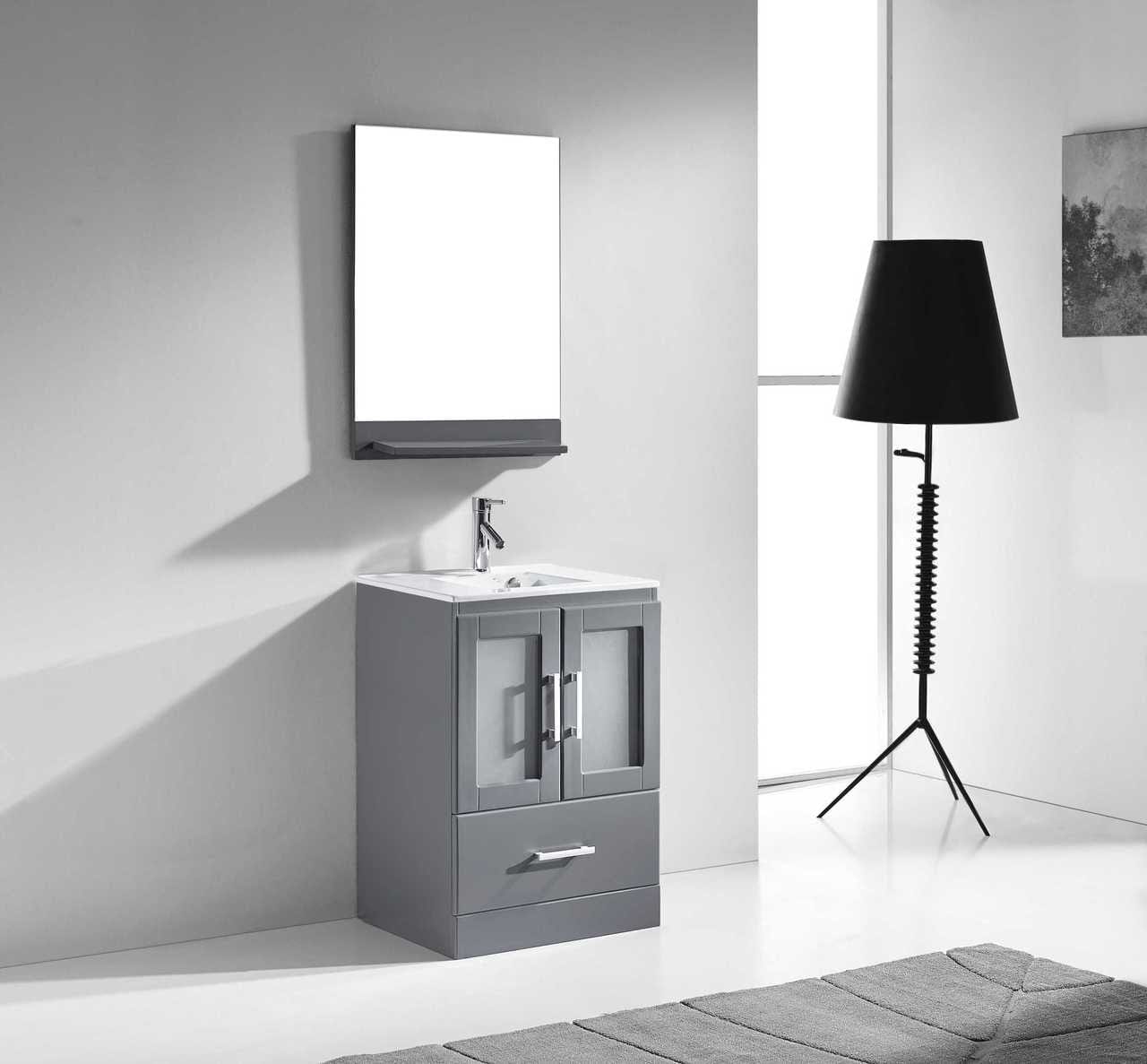 Virtu USA Zola 24 Single Bathroom Vanity Set in Grey w/ Ceramic Counter-Top | Square Basin