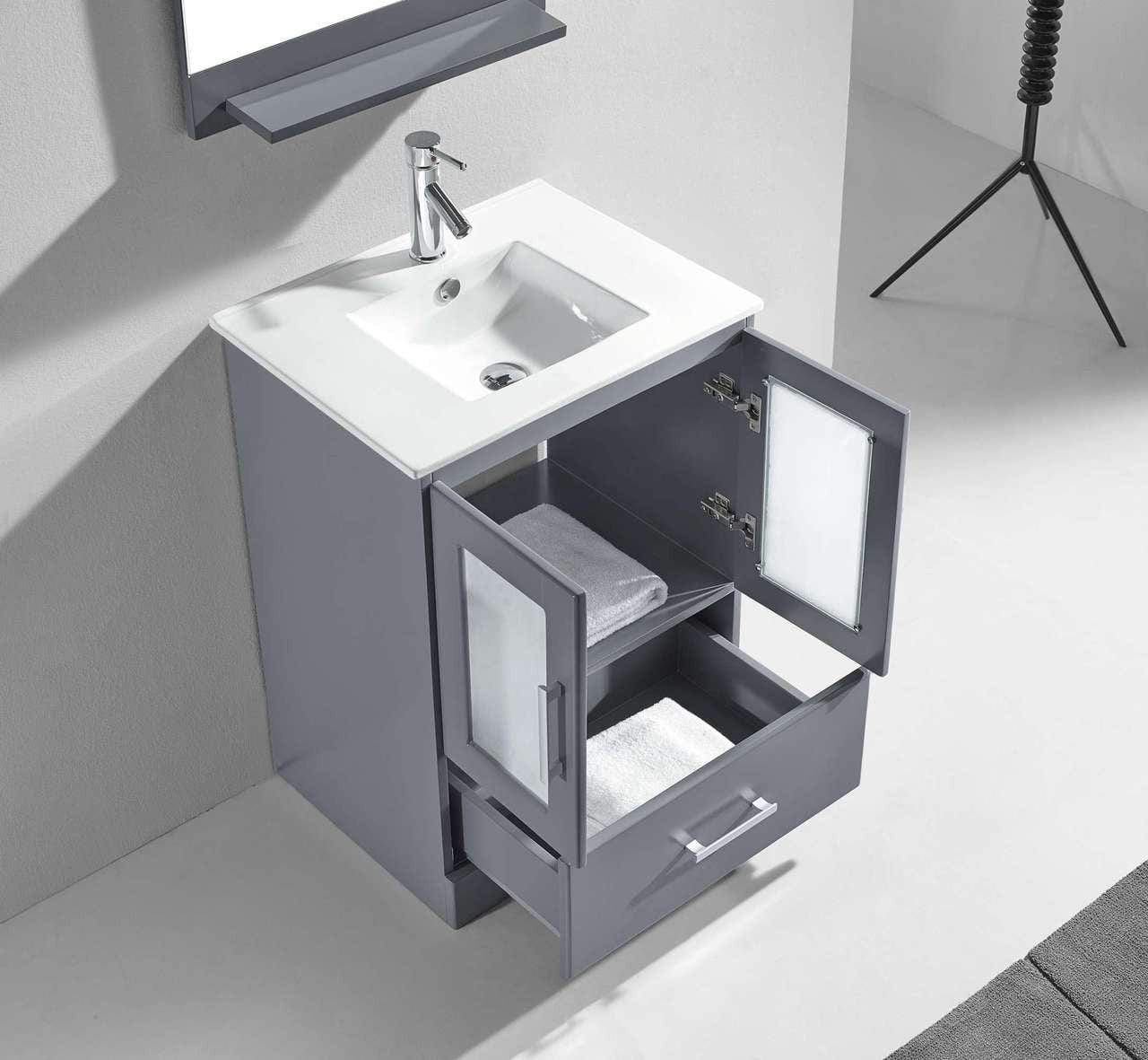 Virtu USA Zola 24 Single Bathroom Vanity Set in Grey w/ Ceramic Counter-Top | Square Basin