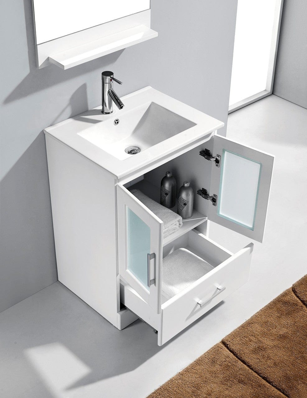 Virtu USA Zola 24 Single Bathroom Vanity Set in White w/ Ceramic Counter-Top | Square Basin