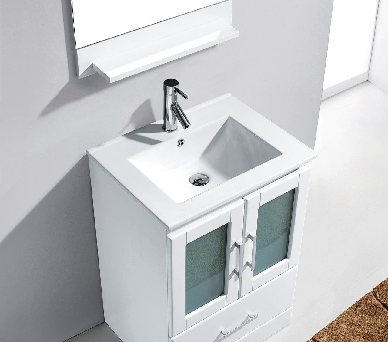 Virtu USA Zola 24 Single Bathroom Vanity Set in White w/ Ceramic Counter-Top | Square Basin
