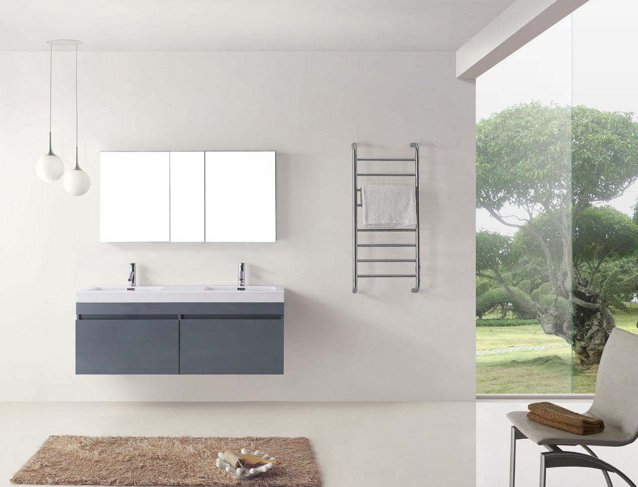 Virtu USA Zuri 55 Double Bathroom Vanity Set in Grey w/ Polymarble Counter-Top