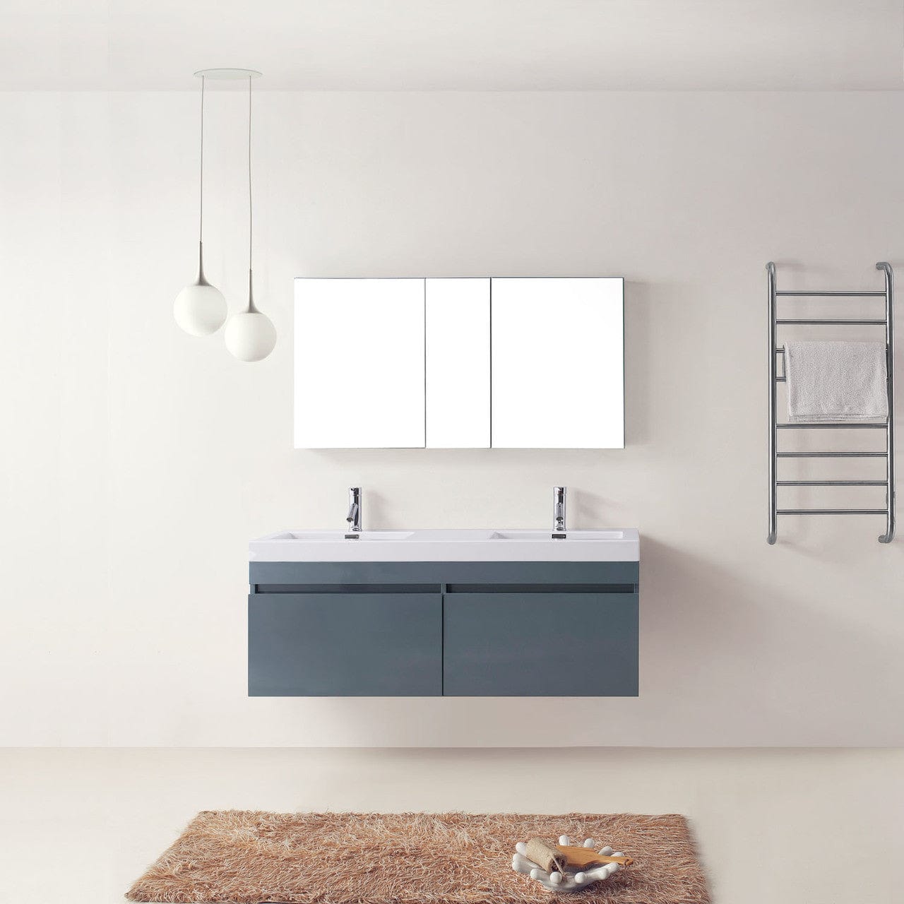 Virtu USA Zuri 55 Double Bathroom Vanity Set in Grey w/ Polymarble Counter-Top