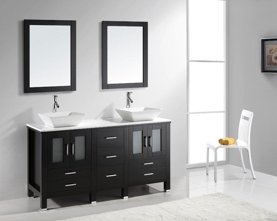 Virtu USA Bradford 60" Double Bathroom Vanity Cabinet Set in Espresso w/ White Artificial Stone Counter-Top