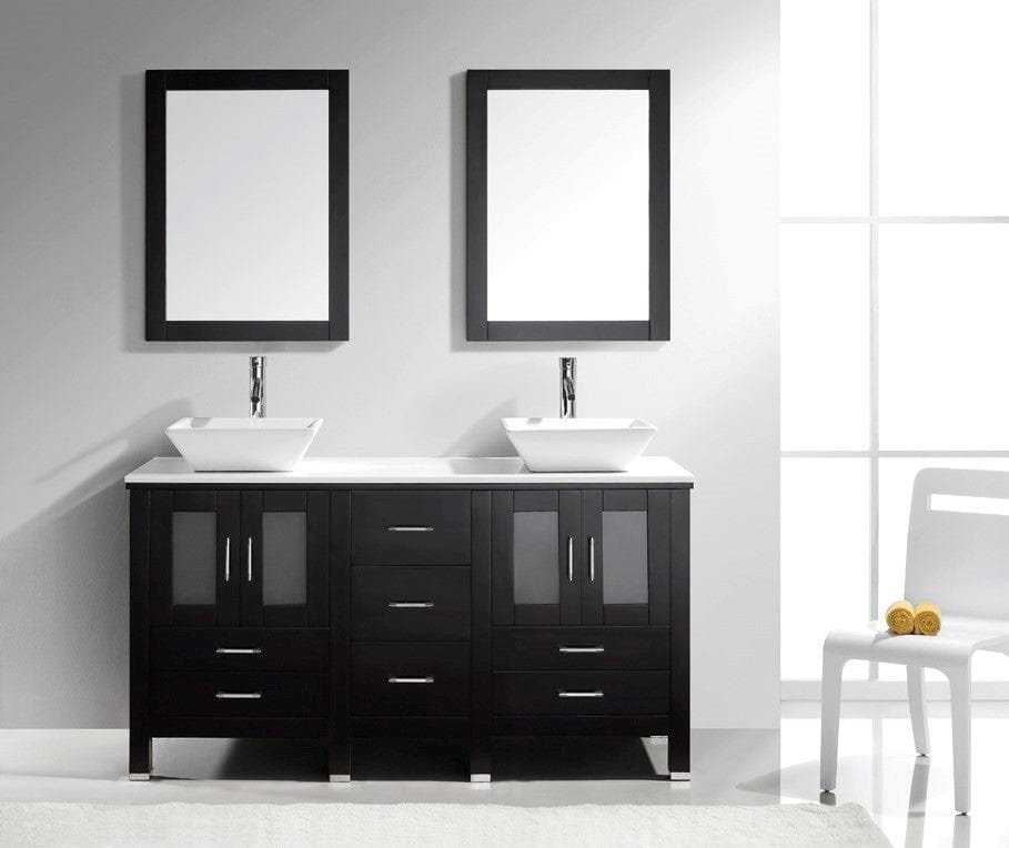 Virtu USA Bradford 60" Double Bathroom Vanity Cabinet Set in Espresso w/ White Artificial Stone Counter-Top