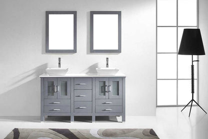 Virtu USA Bradford 60 Double Bathroom Vanity Set in Grey w/ White Stone Counter-Top | Square Basin