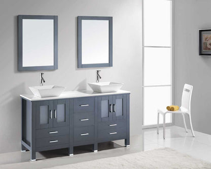 Virtu USA Bradford 60 Double Bathroom Vanity Set in Grey w/ White Stone Counter-Top | Square Basin