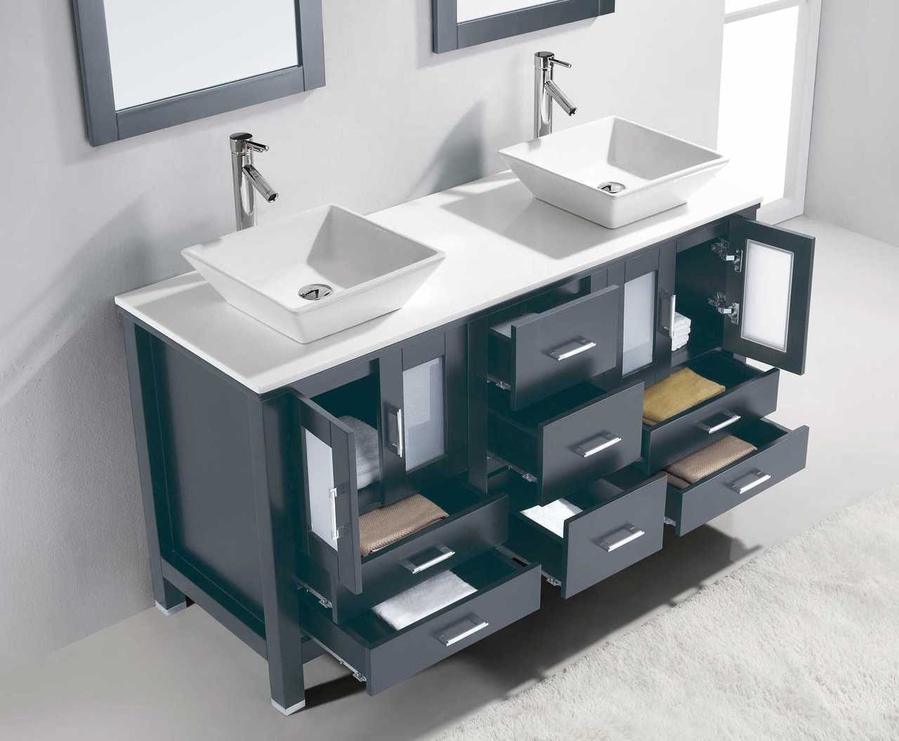 Virtu USA Bradford 60 Double Bathroom Vanity Set in Grey w/ White Stone Counter-Top | Square Basin