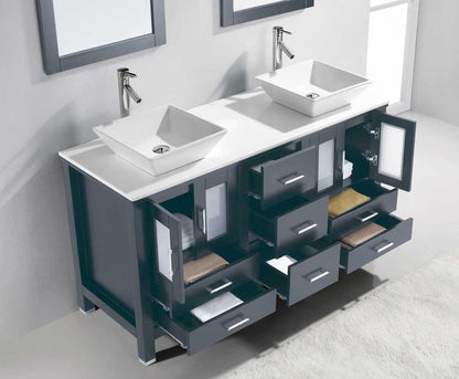 Virtu USA Bradford 60 Double Bathroom Vanity Set in Grey w/ White Stone Counter-Top | Square Basin