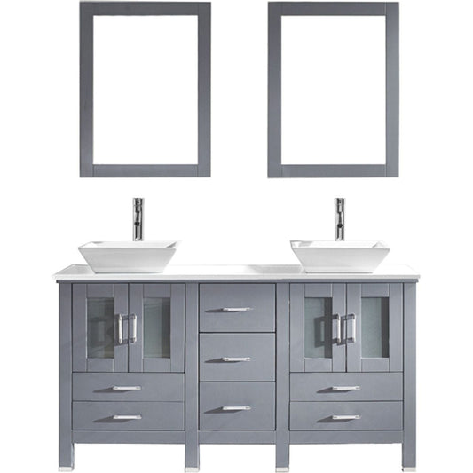 Virtu USA Bradford 60" Double Bathroom Vanity Set in Grey w/ White Stone Counter-Top | Square Basin