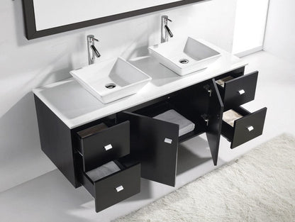 Virtu USA Clarissa 61 Double Bathroom Vanity Set in Espresso w/ White Artificial Stone Counter-Top cabinet doors open