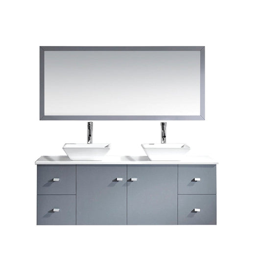 Virtu USA Clarissa 61 Double Bathroom Vanity Set in Grey w/ White Stone Counter-Top | Square Basin white background