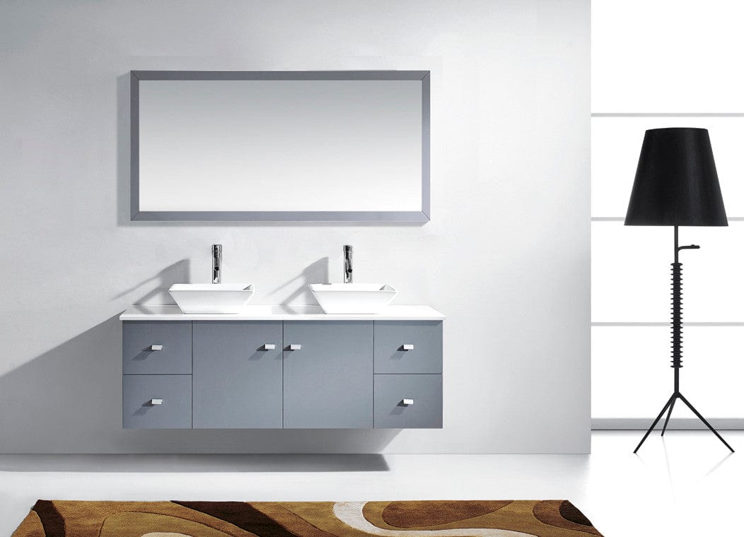 Virtu USA Clarissa 61 Double Bathroom Vanity Set in Grey w/ White Stone Counter-Top | Square Basin front view