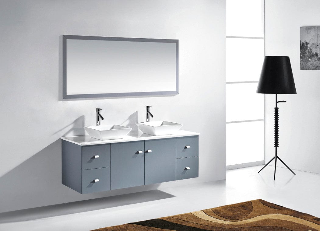Virtu USA Clarissa 61 Double Bathroom Vanity Set in Grey w/ White Stone Counter-Top | Square Basin profile view