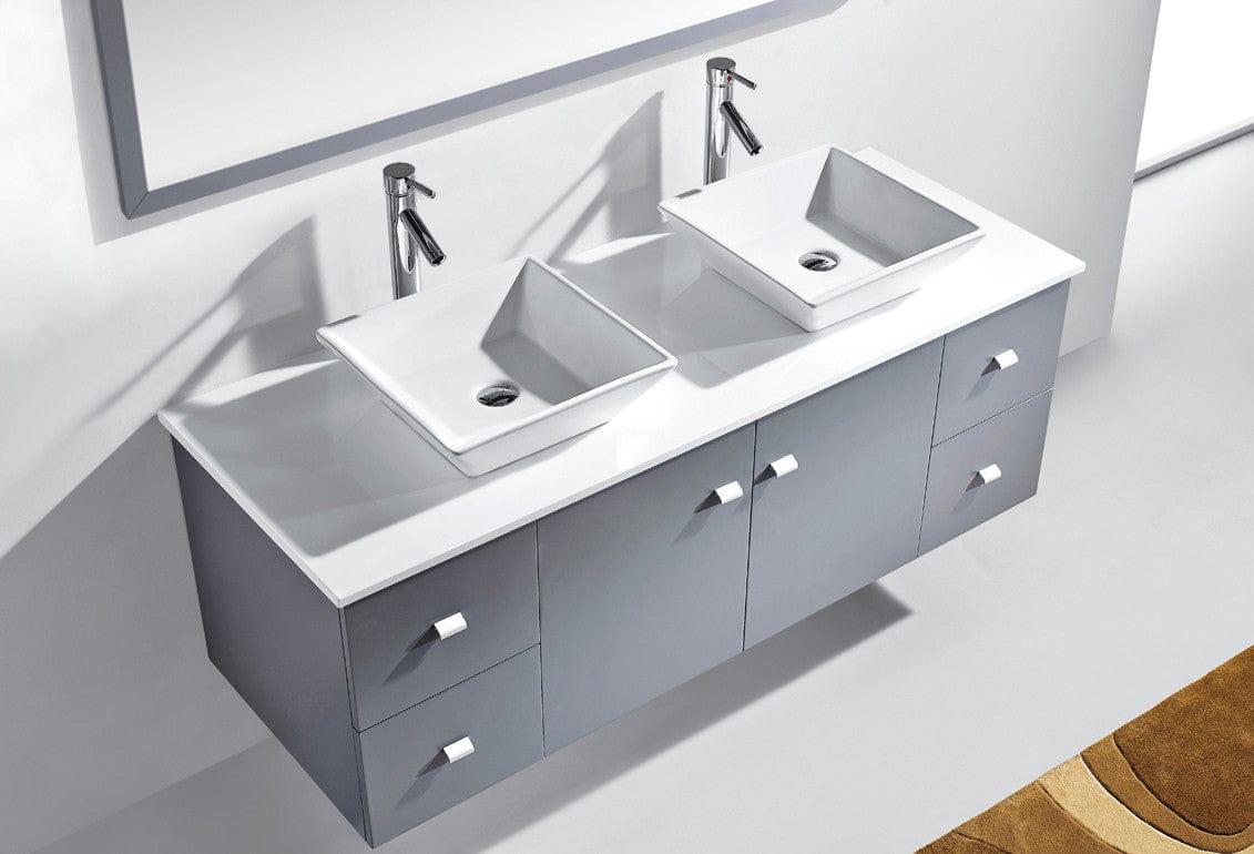 Virtu USA Clarissa 61 Double Bathroom Vanity Set in Grey w/ White Stone Counter-Top | Square Basin top view