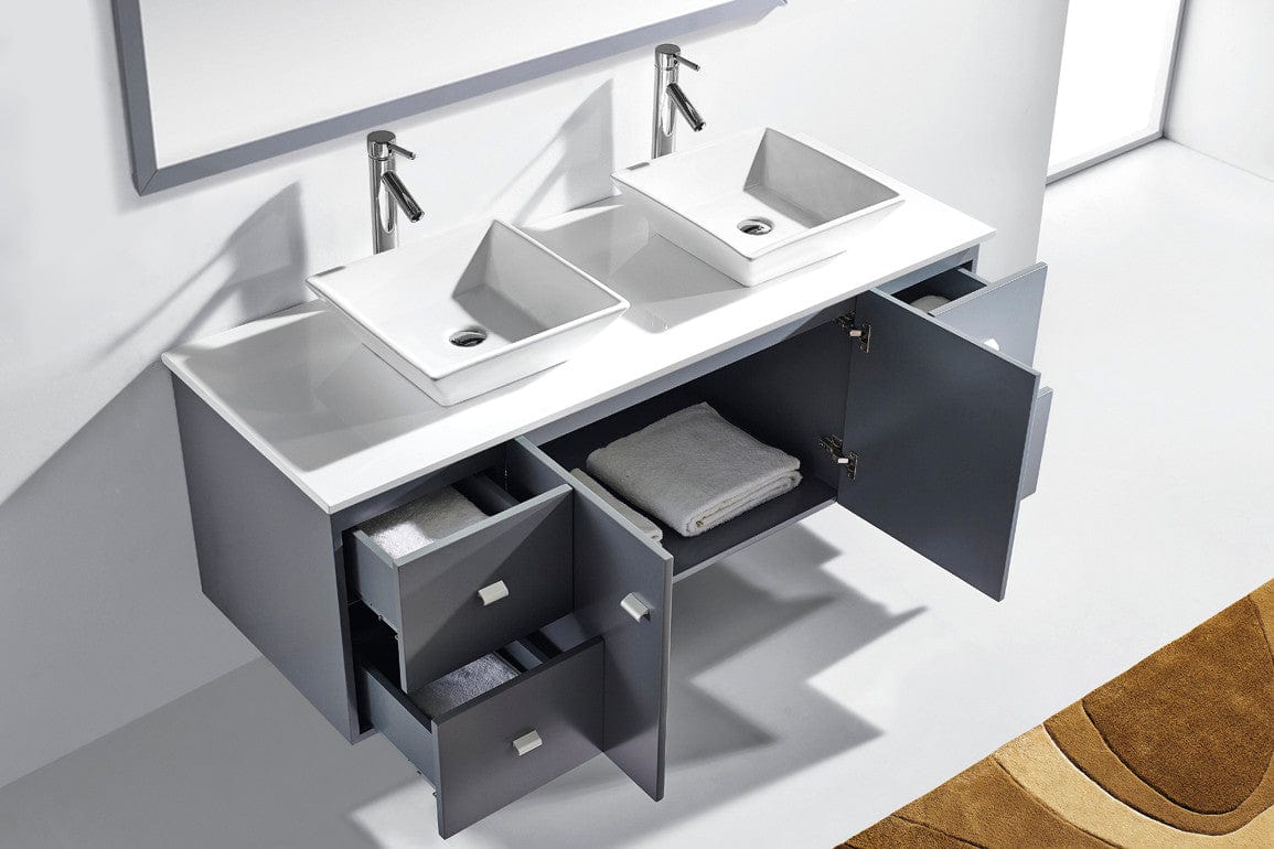 Virtu USA Clarissa 61 Double Bathroom Vanity Set in Grey w/ White Stone Counter-Top | Square Basin open cabinet doors