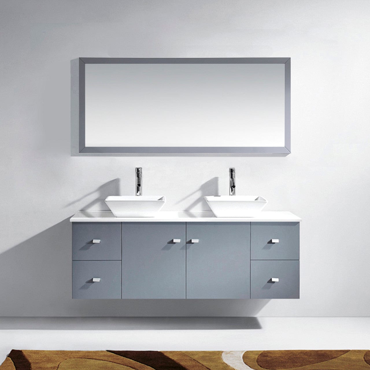 Virtu USA Clarissa 61 Double Bathroom Vanity Set in Grey w/ White Stone Counter-Top | Square Basin front view close up