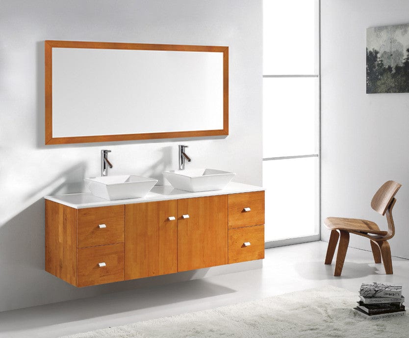 Virtu USA Clarissa 61 Double Bathroom Vanity Set in Honey Oak w/ White Artificial Stone Counter-Top 