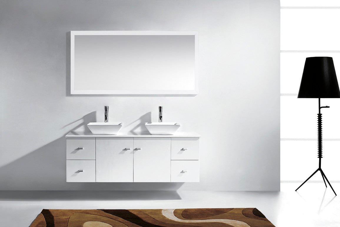 Virtu USA Clarissa 61 Double Bathroom Vanity Set in White w/ White Stone Counter-Top | Square Basin front view