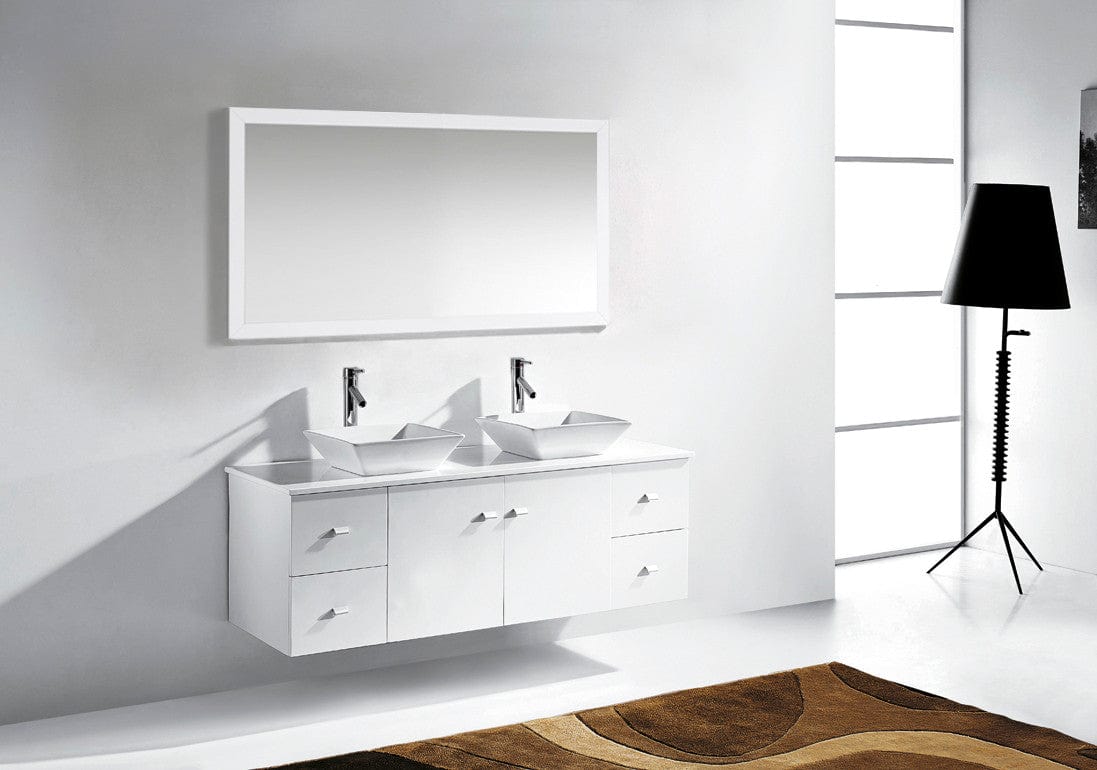 Virtu USA Clarissa 61 Double Bathroom Vanity Set in White w/ White Stone Counter-Top | Square Basin 