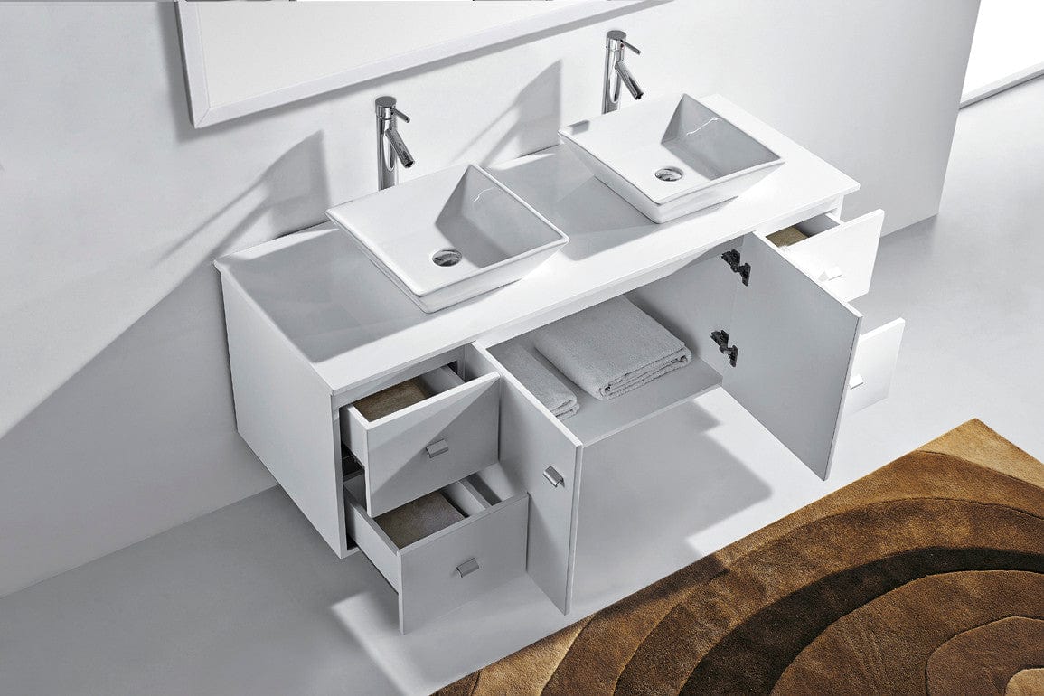 Virtu USA Clarissa 61 Double Bathroom Vanity Set in White w/ White Stone Counter-Top | Square Basin open cabinet doors