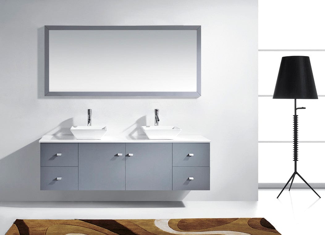  Virtu USA Clarissa 72 Double Bathroom Vanity Set in Grey w/ White Stone Counter-Top | Square Basin front view