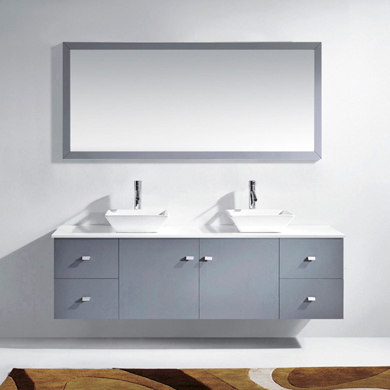  Virtu USA Clarissa 72 Double Bathroom Vanity Set in Grey w/ White Stone Counter-Top | Square Basin front view close up