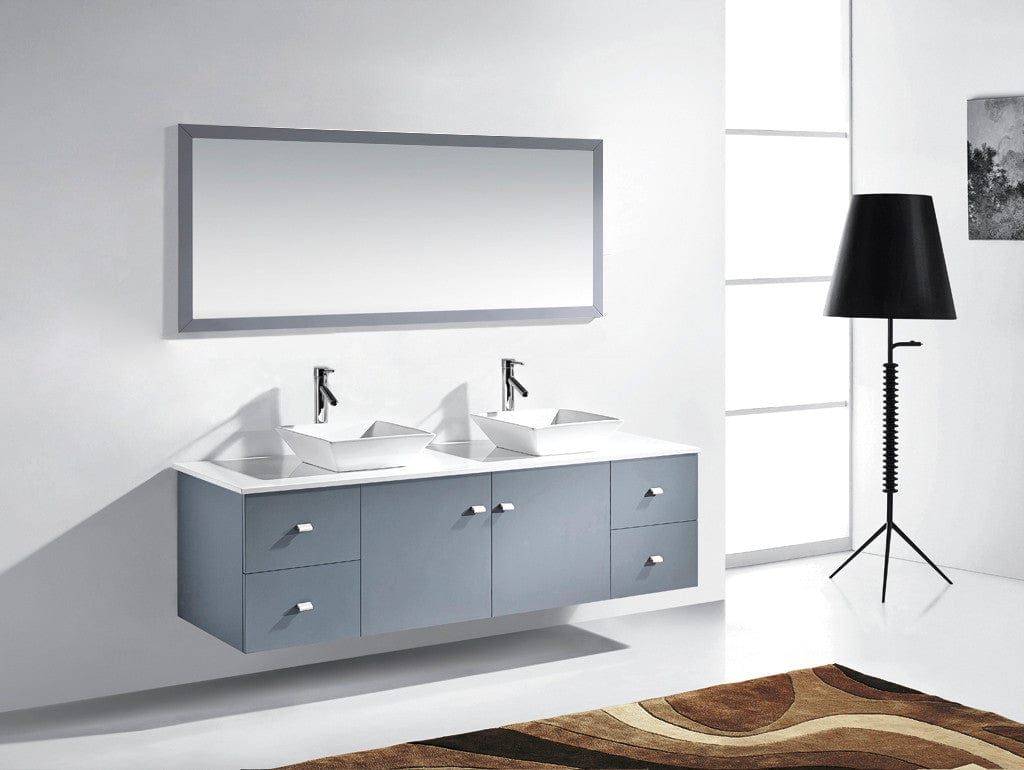  Virtu USA Clarissa 72 Double Bathroom Vanity Set in Grey w/ White Stone Counter-Top | Square Basin profile view