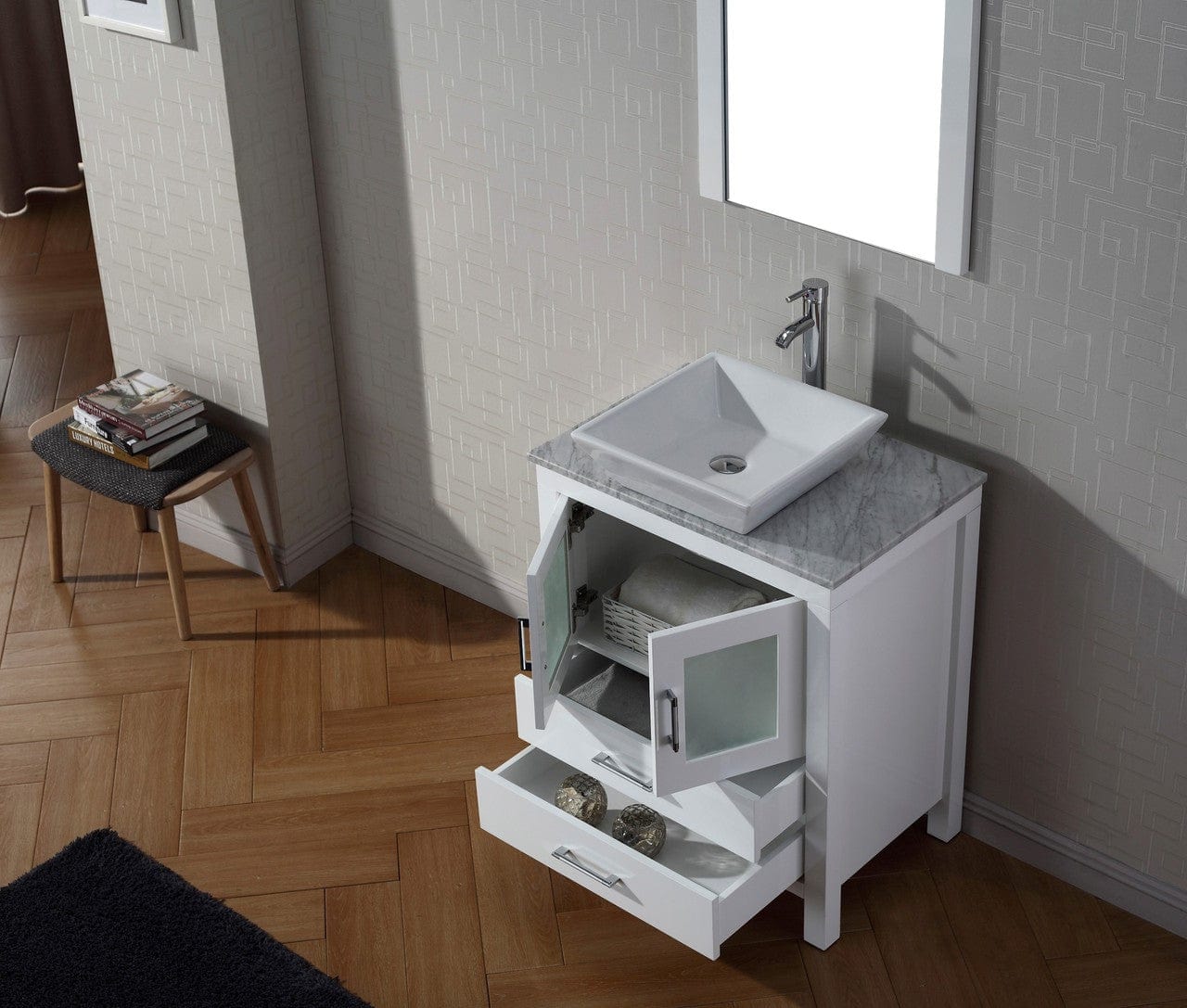 Virtu USA Dior 24 Single Bathroom Vanity Set in White w/ Italian Carrara White Marble Counter-Top | Vessel Sink