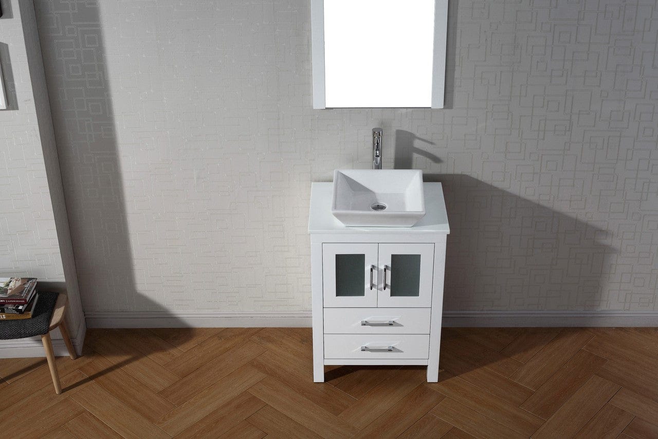 Virtu USA Dior 24 Single Bathroom Vanity Set in White w/ Pure White Stone Counter-Top | Vessel Sink