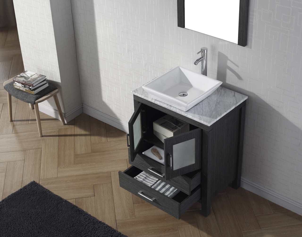 Virtu USA Dior 24 Single Bathroom Vanity Set in Zebra Grey w/ Italian Carrara White Marble Counter-Top | Vessel Sink