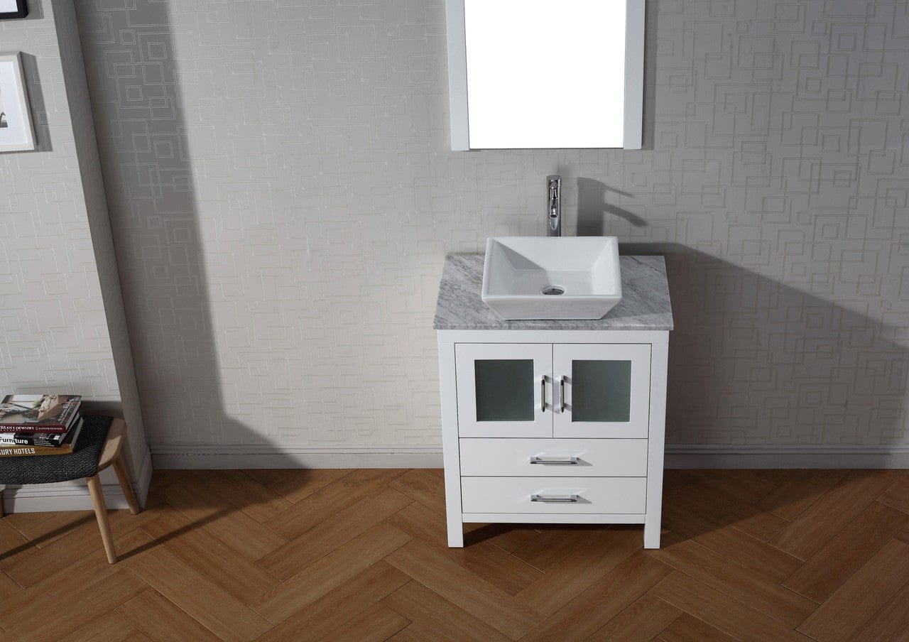 Virtu USA Dior 28 Single Bathroom Vanity Set in White w/ Italian Carrara White Marble Counter-Top | Vessel Sink