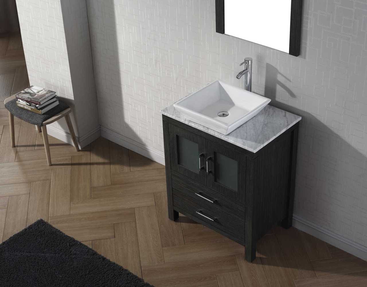 Virtu USA Dior 28 Single Bathroom Vanity Set in Zebra Grey w/ Italian Carrara White Marble Counter-Top | Vessel Sink