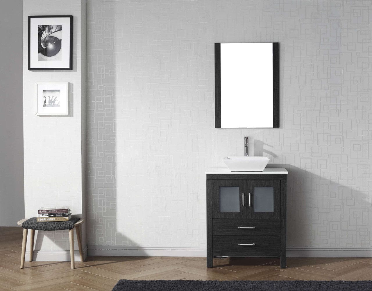 Virtu USA Dior 28 Single Bathroom Vanity Set in Zebra Grey w/ Pure White Stone Counter-Top | Vessel Sink