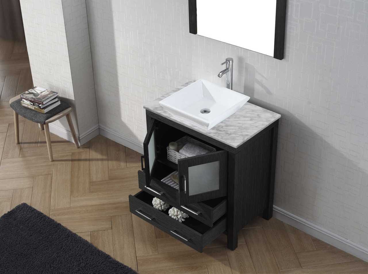 Virtu USA Dior 30 Single Bathroom Vanity Set in Zebra Grey w/ Italian Carrara White Marble Counter-Top | Vessel Sink