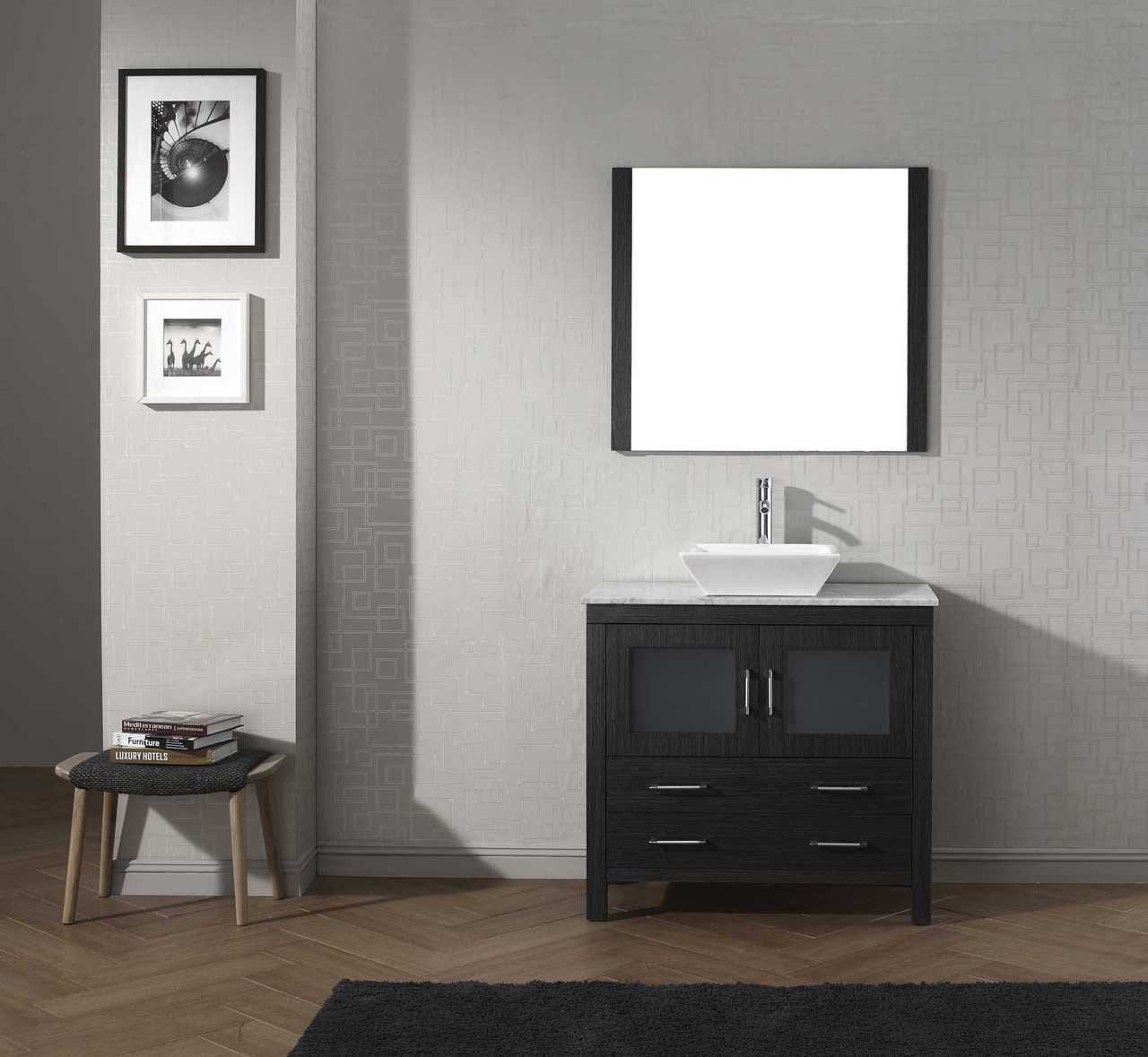 Virtu USA Dior 36 Single Bathroom Vanity Set in Zebra Grey w/ Italian Carrara White Marble Counter-Top | Vessel Sink
