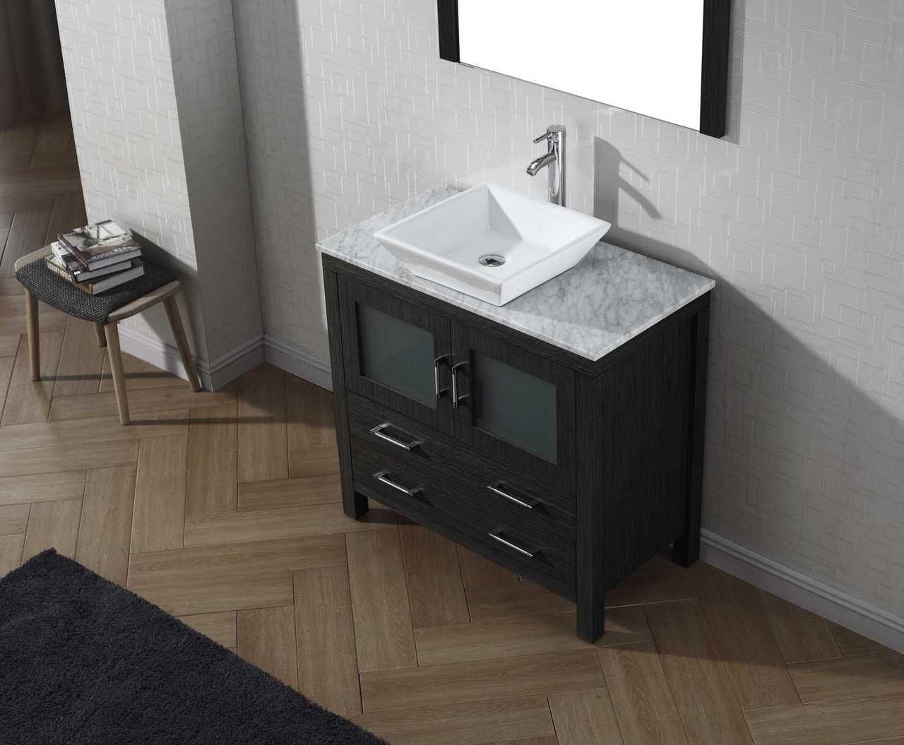 Virtu USA Dior 36 Single Bathroom Vanity Set in Zebra Grey w/ Italian Carrara White Marble Counter-Top | Vessel Sink