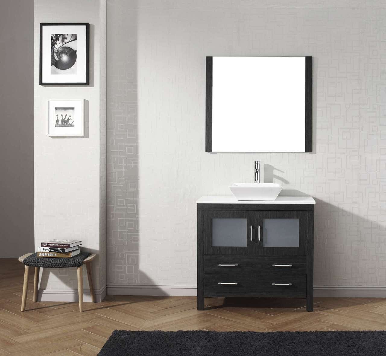 Virtu USA Dior 36 Single Bathroom Vanity Set in Zebra Grey w/ Pure White Stone Counter-Top | Vessel Sink